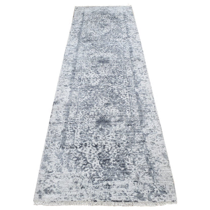 Transitional Wool & Pure Silk Hand Knotted Rug Grey No Border 2.8X10.0 -O087270