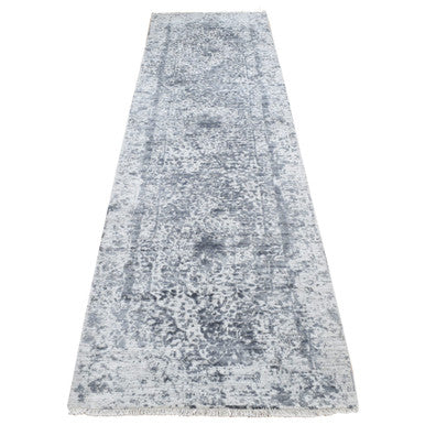 Transitional Wool & Pure Silk Hand Knotted Rug Grey No Border 2.8X10.0 -O087270