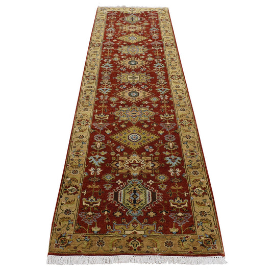 Heriz Wool Hand Knotted Rug Red Gold 2.9X9.9 -O087275
