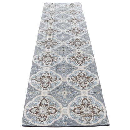 Transitional Wool & Silk Hand Knotted Rug Grey No Border 2.7X9.10 -O087276