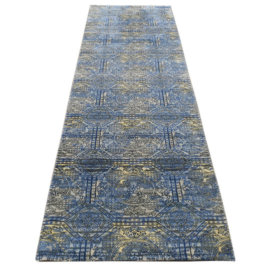 Modern and Contemporary Wool & Silk Hand Knotted Rug Blue No Border 2.8X9.1 -O087279