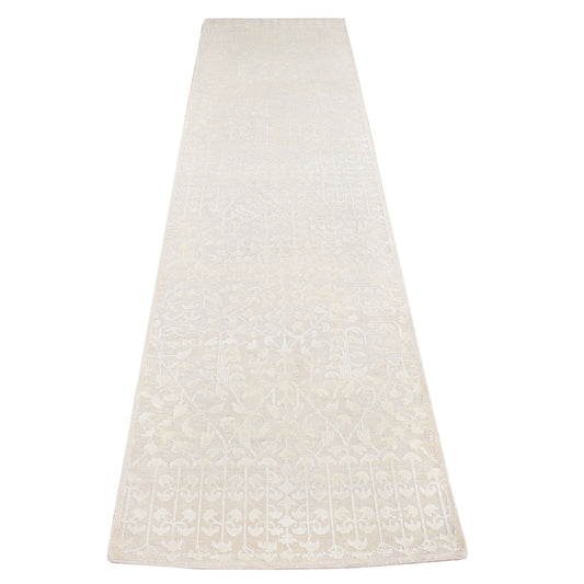 Transitional Wool & Silk Hand Knotted Rug Ivory No Border 2.6X11.8 -O087296