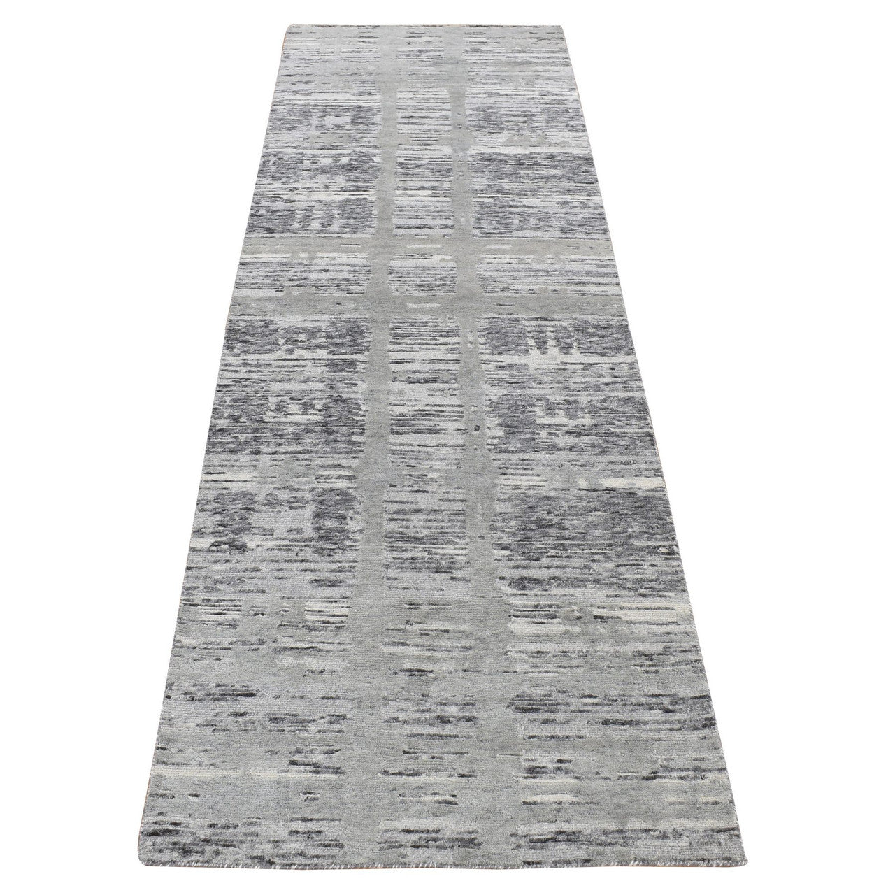 Gray 2'6" x 12'0" Modern and Contemporary Hand knotted Wool Rug - Sku: O087300