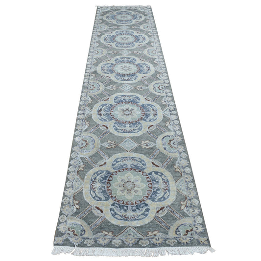 Transitional Wool & Silk Hand Knotted Rug Grey No Border 2.6X12.0 -O087303