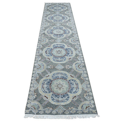 Transitional Wool & Silk Hand Knotted Rug Grey No Border 2.6X12.0 -O087303