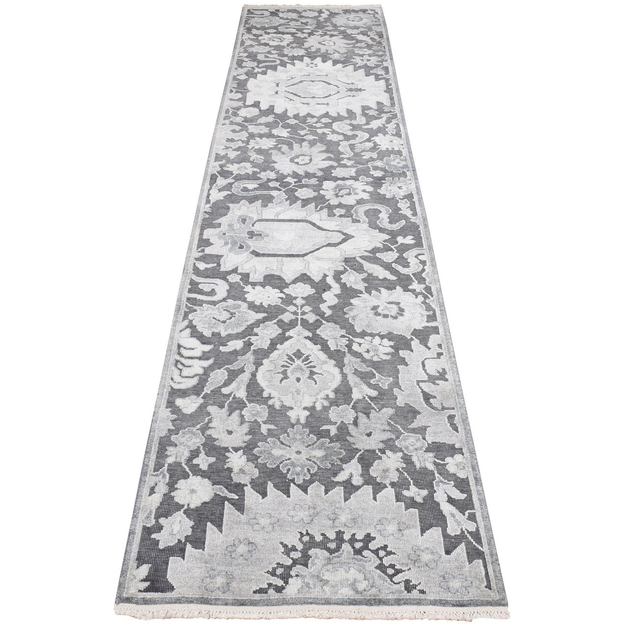 Gray 2'6" x 11'10" Oushak And Peshawar Hand knotted Wool/Silk Rug - Sku: O087307