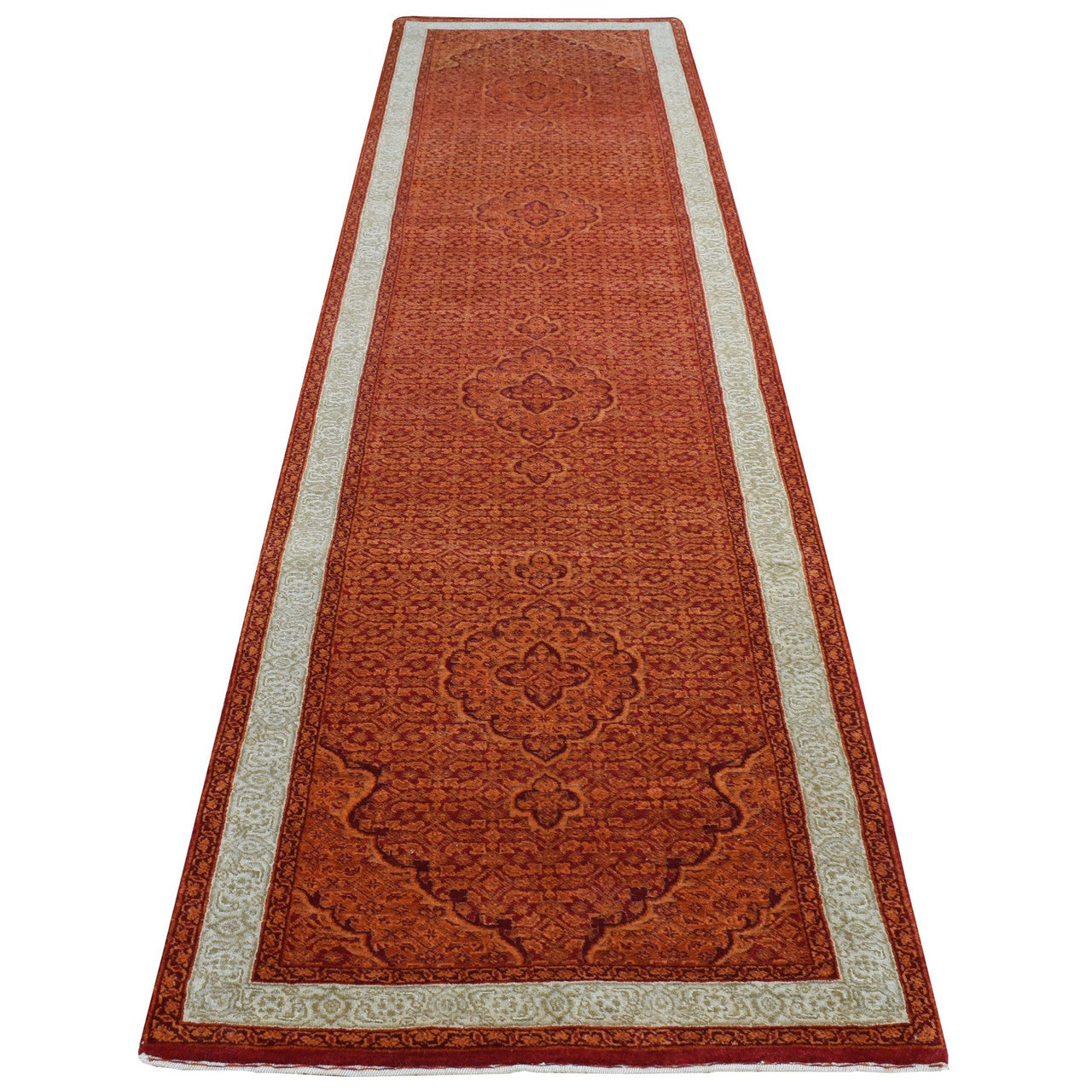 Fine Oriental Wool Hand Knotted Rug Orange Ivory 2.9X11.10 -O087308