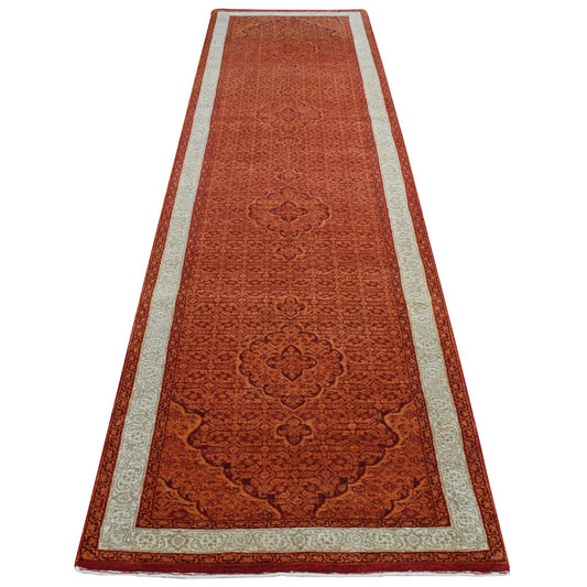 Fine Oriental Wool Hand Knotted Rug Orange Ivory 2.9X11.10 -O087308