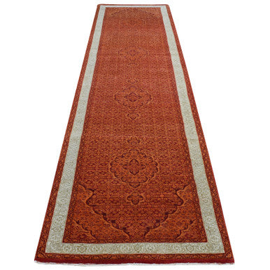 Fine Oriental Wool Hand Knotted Rug Orange Ivory 2.9X11.10 -O087308