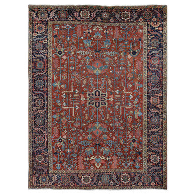 Heriz Wool Hand Knotted Rug Red Blue 9.4X12.10 -O087310