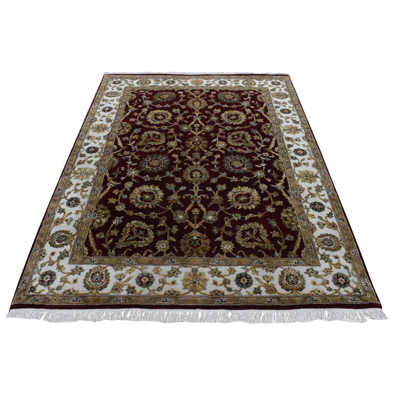 Red 5'1" x 7'1" Rajasthan Hand knotted Wool/Silk Rug - Sku: O087320