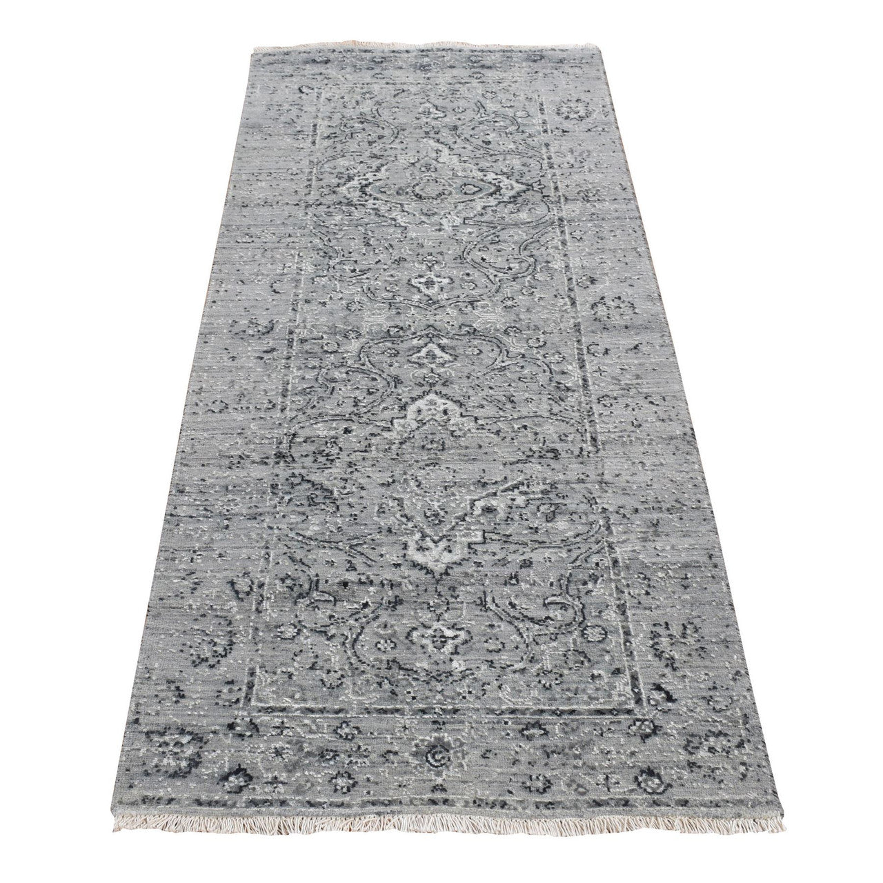 Gray 2'6" x 6'0" Transitional Hand knotted Wool/Silk Rug - Sku: O087331