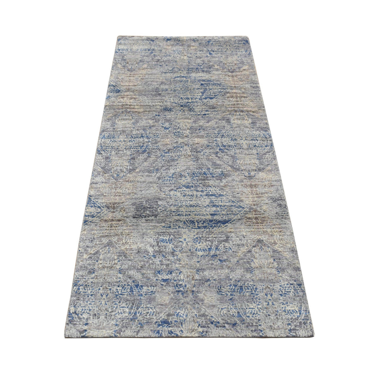 Blue 2'6" x 6'0" Transitional Hand knotted Wool/Silk Rug - Sku: O087337