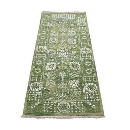 Transitional Wool & Silk Hand Knotted Rug Green Green 2.6X6.0 -O087344