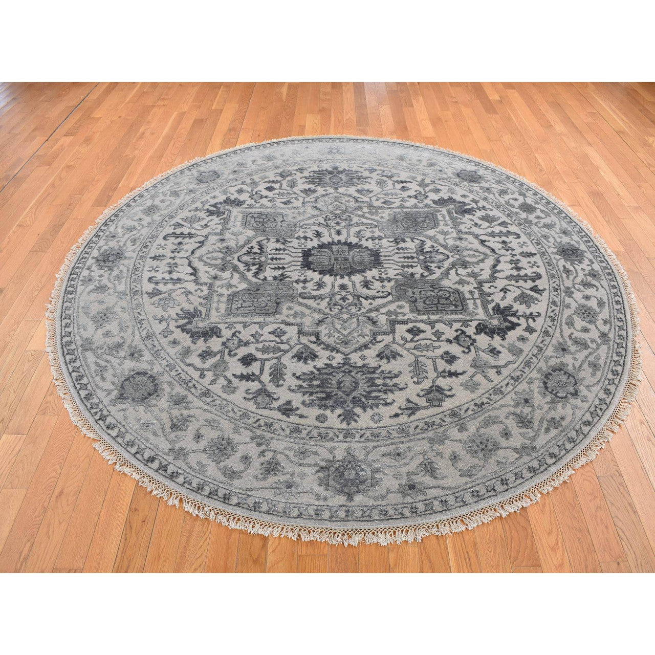 Heriz Wool & Silk Hand Knotted Rug Grey Gray 8.1X8.1 -O087366