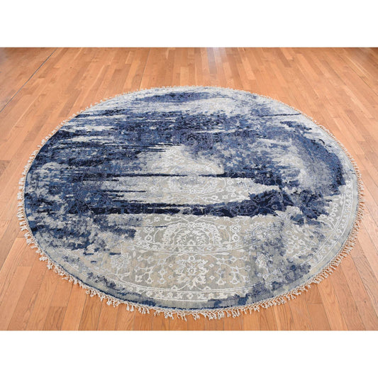 Transitional Wool & Silk Hand Knotted Rug Blue No Border 7.10X7.10 -O087367