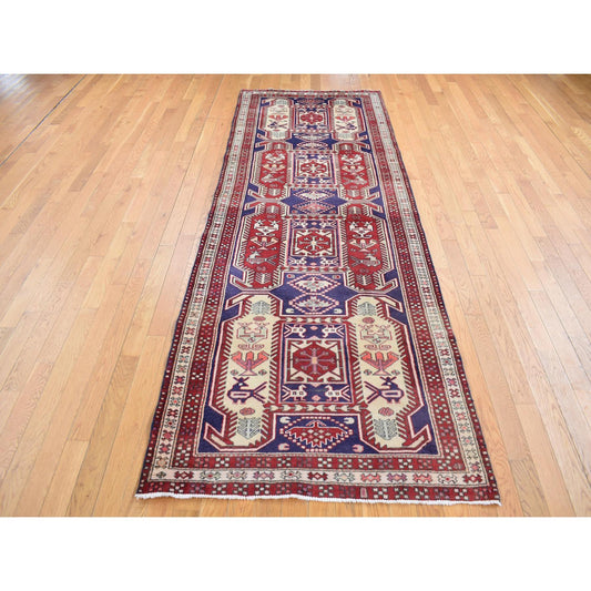 Persian Wool Hand Knotted Rug Blue Ivory 3.8X10.0 -O087386