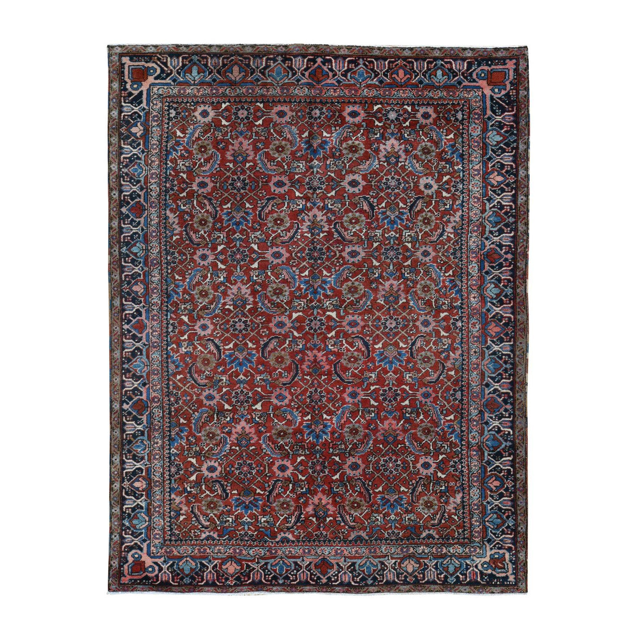 Antique Wool Hand Knotted Rug Red Blue 7.3X9.7 -O087401