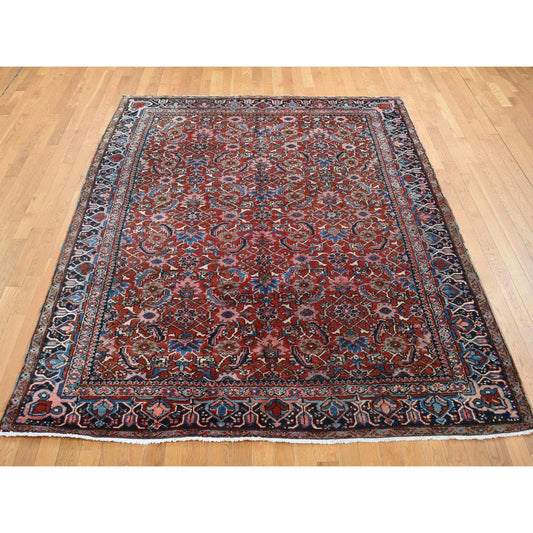 Antique Wool Hand Knotted Rug Red Blue 7.3X9.7 -O087401