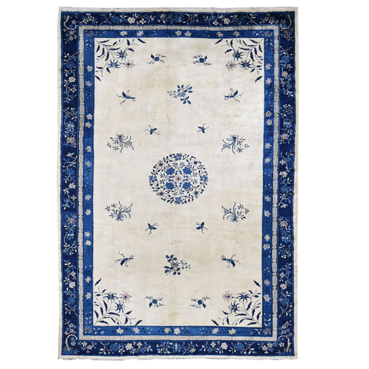 Antique Wool Hand Knotted Rug Ivory Blue 9.0X14.2 -O087402