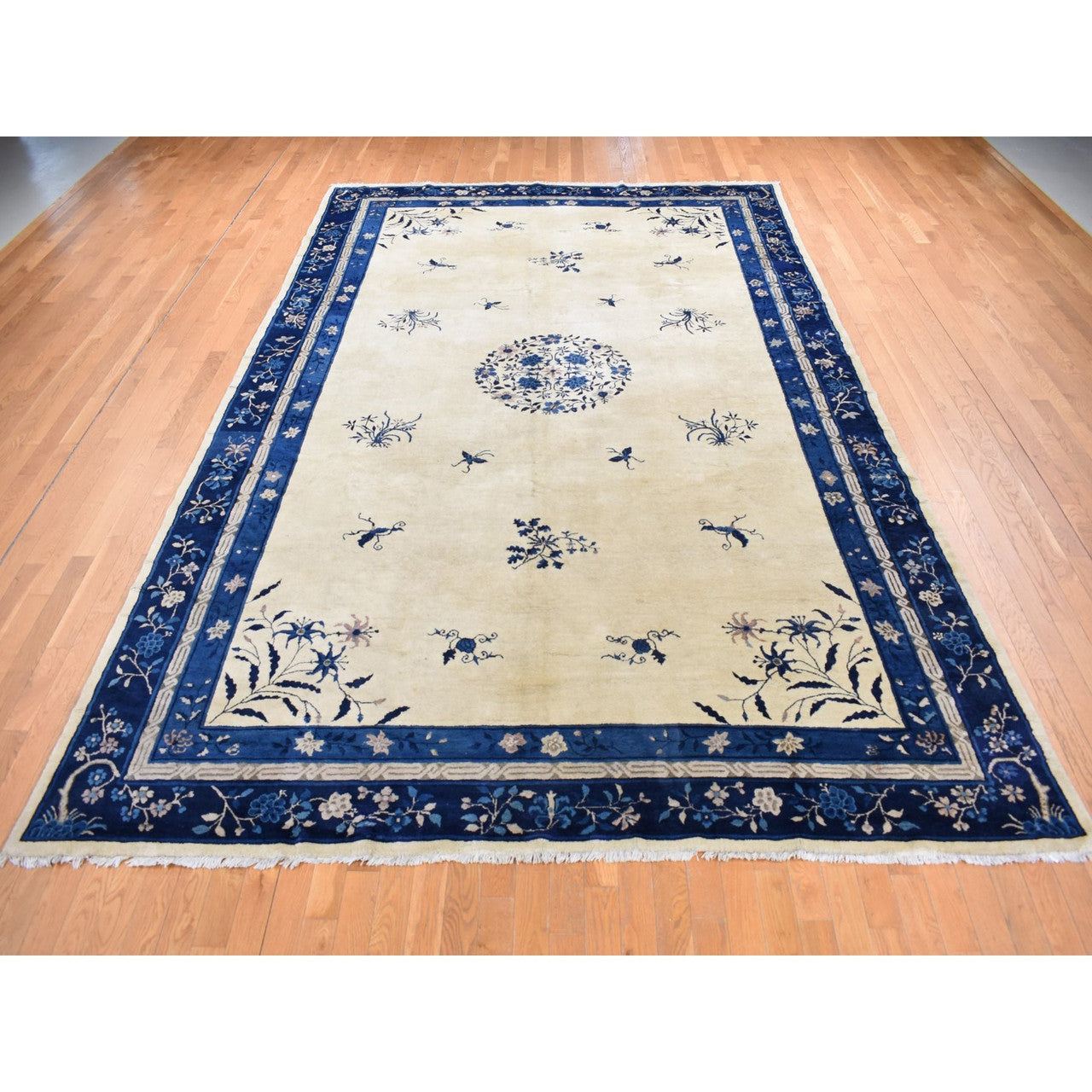 Antique Wool Hand Knotted Rug Ivory Blue 9.0X14.2 -O087402