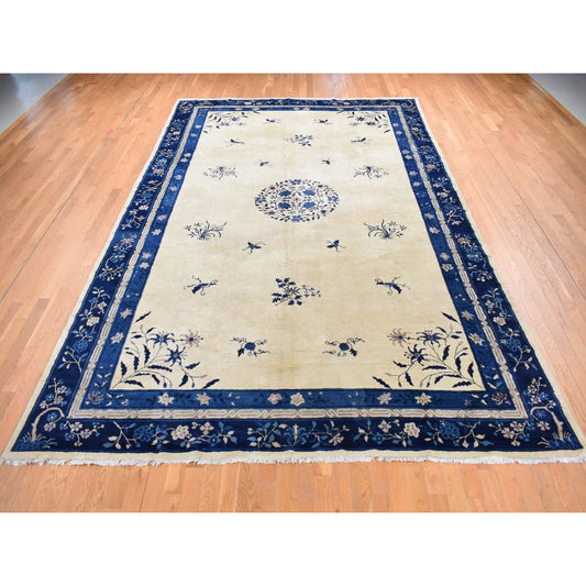 Antique Wool Hand Knotted Rug Ivory Blue 9.0X14.2 -O087402