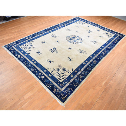 Antique Wool Hand Knotted Rug Ivory Blue 9.0X14.2 -O087402