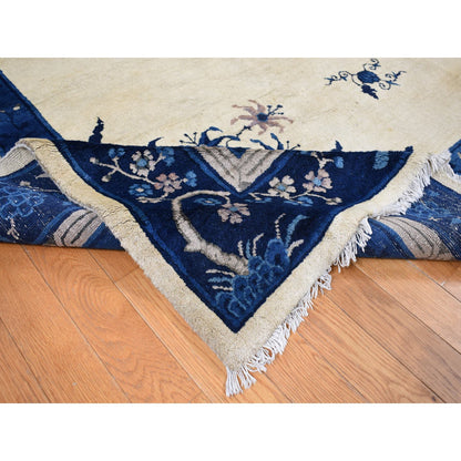 Antique Wool Hand Knotted Rug Ivory Blue 9.0X14.2 -O087402