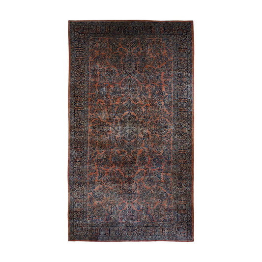 Antique Wool Hand Knotted Rug Red Blue 10.6X19.3 -O087403