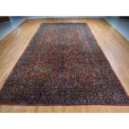 Antique Wool Hand Knotted Rug Red Blue 10.6X19.3 -O087403
