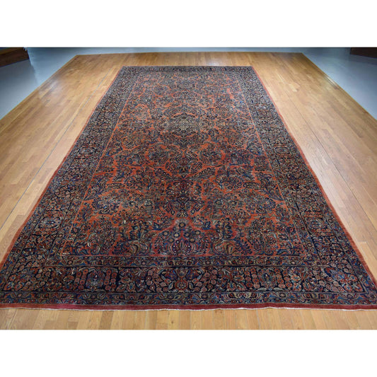 Antique Wool Hand Knotted Rug Red Blue 10.6X19.3 -O087403