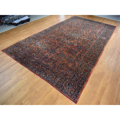 Antique Wool Hand Knotted Rug Red Blue 10.6X19.3 -O087403