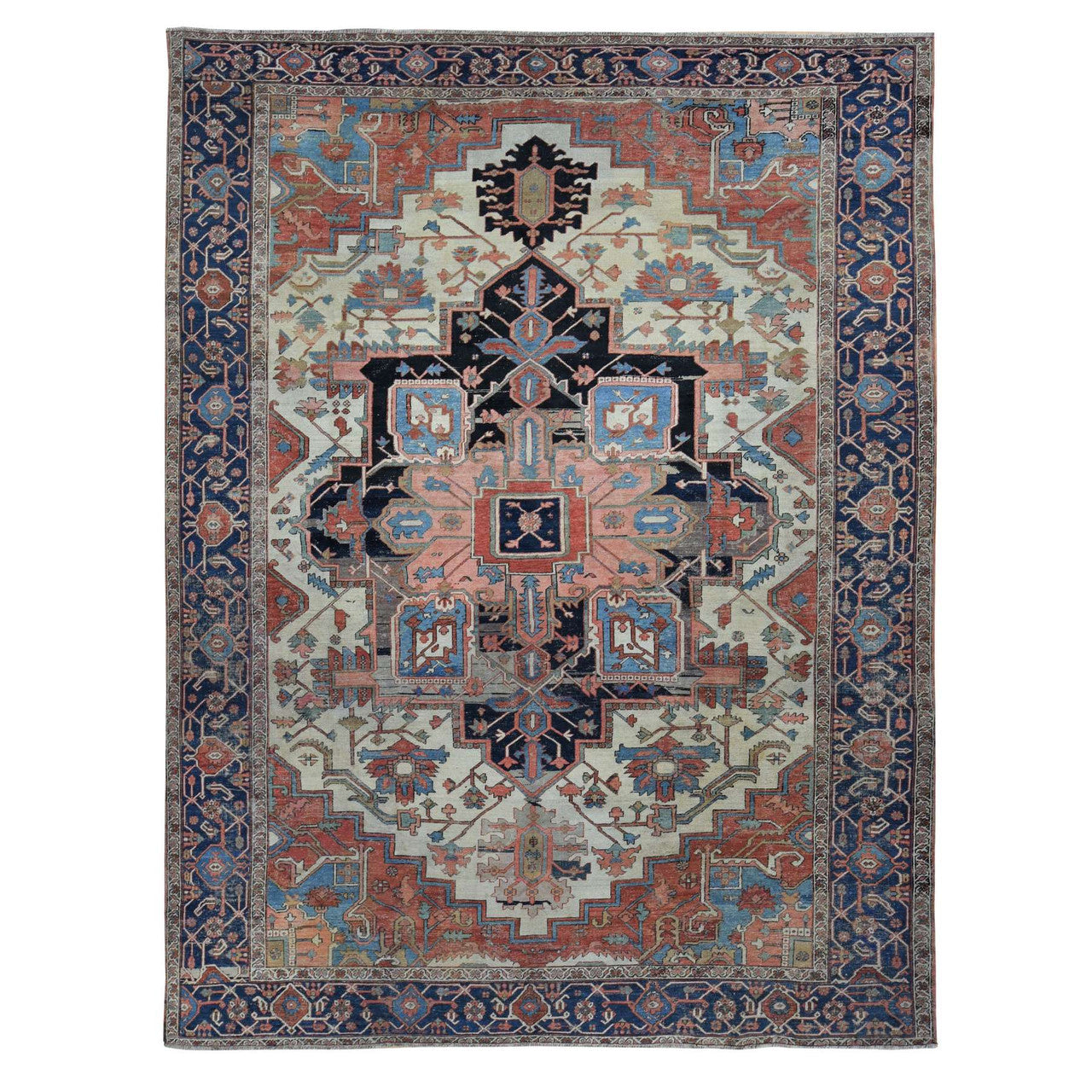 Antique Wool Hand Knotted Rug Ivory Blue 9.9X12.6 -O087424