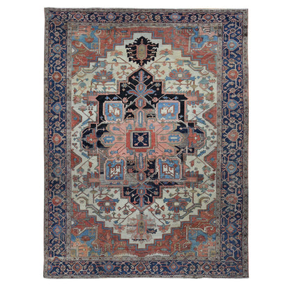 Antique Wool Hand Knotted Rug Ivory Blue 9.9X12.6 -O087424