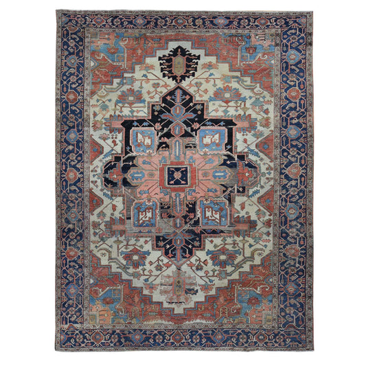 Antique Wool Hand Knotted Rug Ivory Blue 9.9X12.6 -O087424