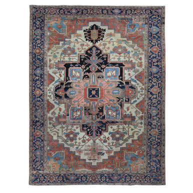 Antique Wool Hand Knotted Rug Ivory Blue 9.9X12.6 -O087424