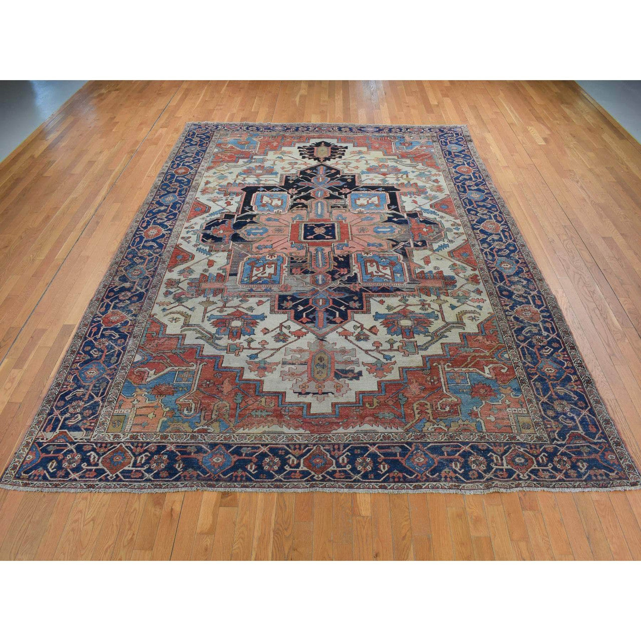 Antique Wool Hand Knotted Rug Ivory Blue 9.9X12.6 -O087424