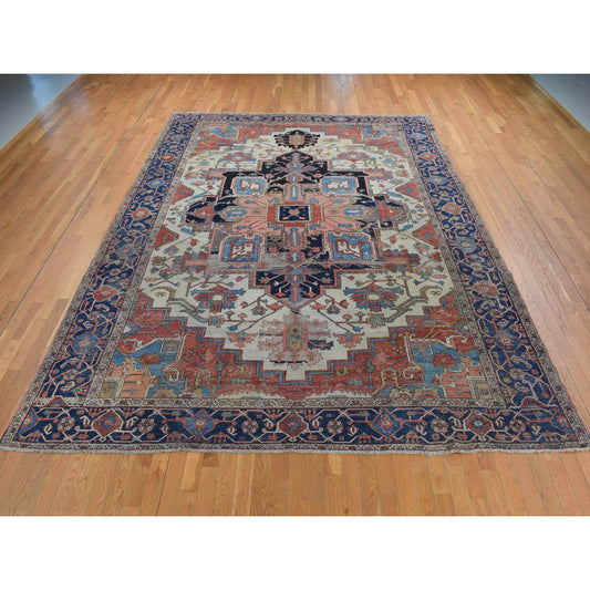 Antique Wool Hand Knotted Rug Ivory Blue 9.9X12.6 -O087424