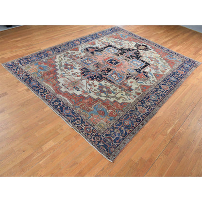 Antique Wool Hand Knotted Rug Ivory Blue 9.9X12.6 -O087424