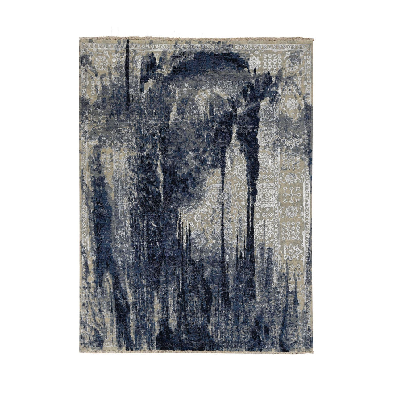 Blue 6'0" x 8'10" Transitional Hand knotted Wool/Silk Rug - Sku: O087431