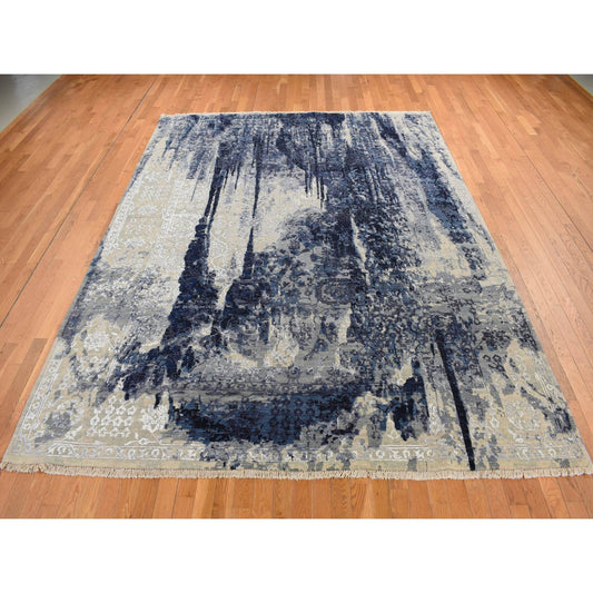 Transitional Wool & Silk Hand Knotted Rug Blue No Border 6.0X8.10 -O087431