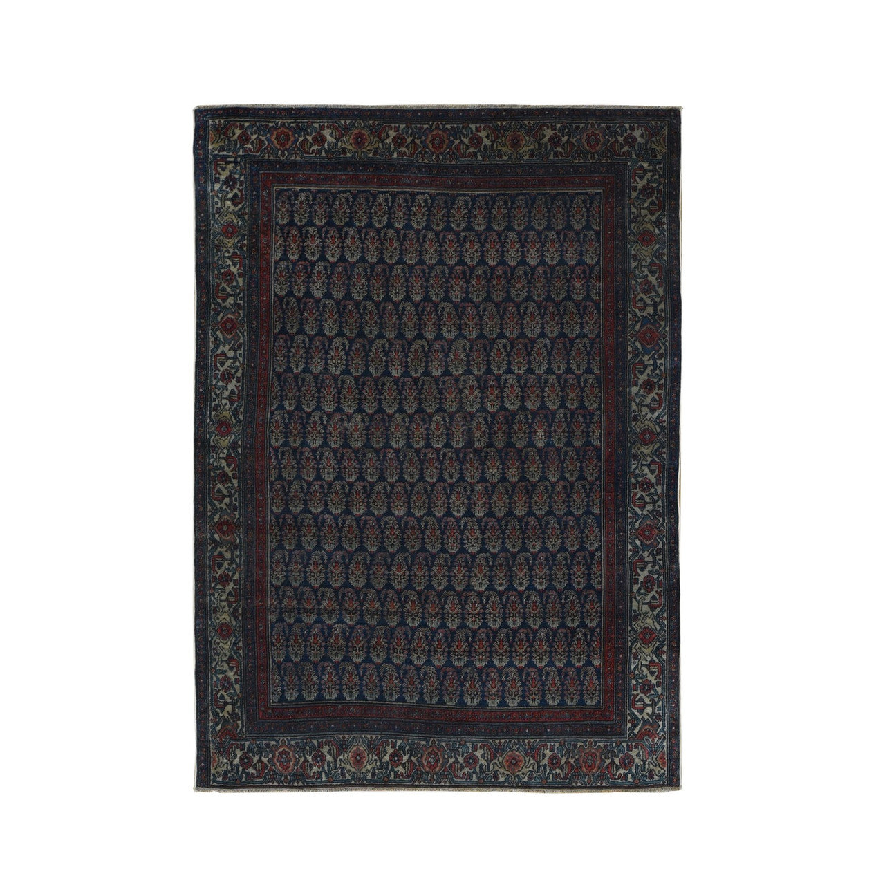 Overdyed & Vintage Worn Wool Hand Knotted Rug Blue Ivory 4.0X6.0 -O087479