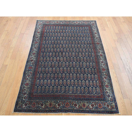 Overdyed & Vintage Worn Wool Hand Knotted Rug Blue Ivory 4.0X6.0 -O087479