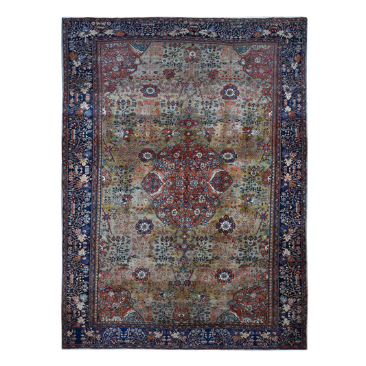 Overdyed & Vintage Worn Wool Hand Knotted Rug Green Blue 8.4X11.6 -O087480