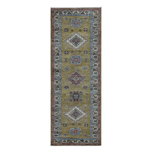 Kazak Wool Hand Knotted Rug Green Ivory 2.9X7.7 -O087502