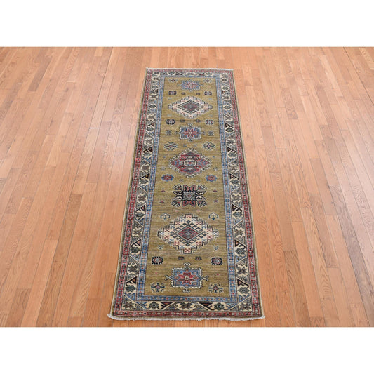 Kazak Wool Hand Knotted Rug Green Ivory 2.9X7.7 -O087502