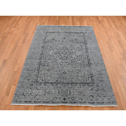 Transitional Wool & Silk Hand Knotted Rug Grey Gray 6.0X9.0 -O087509