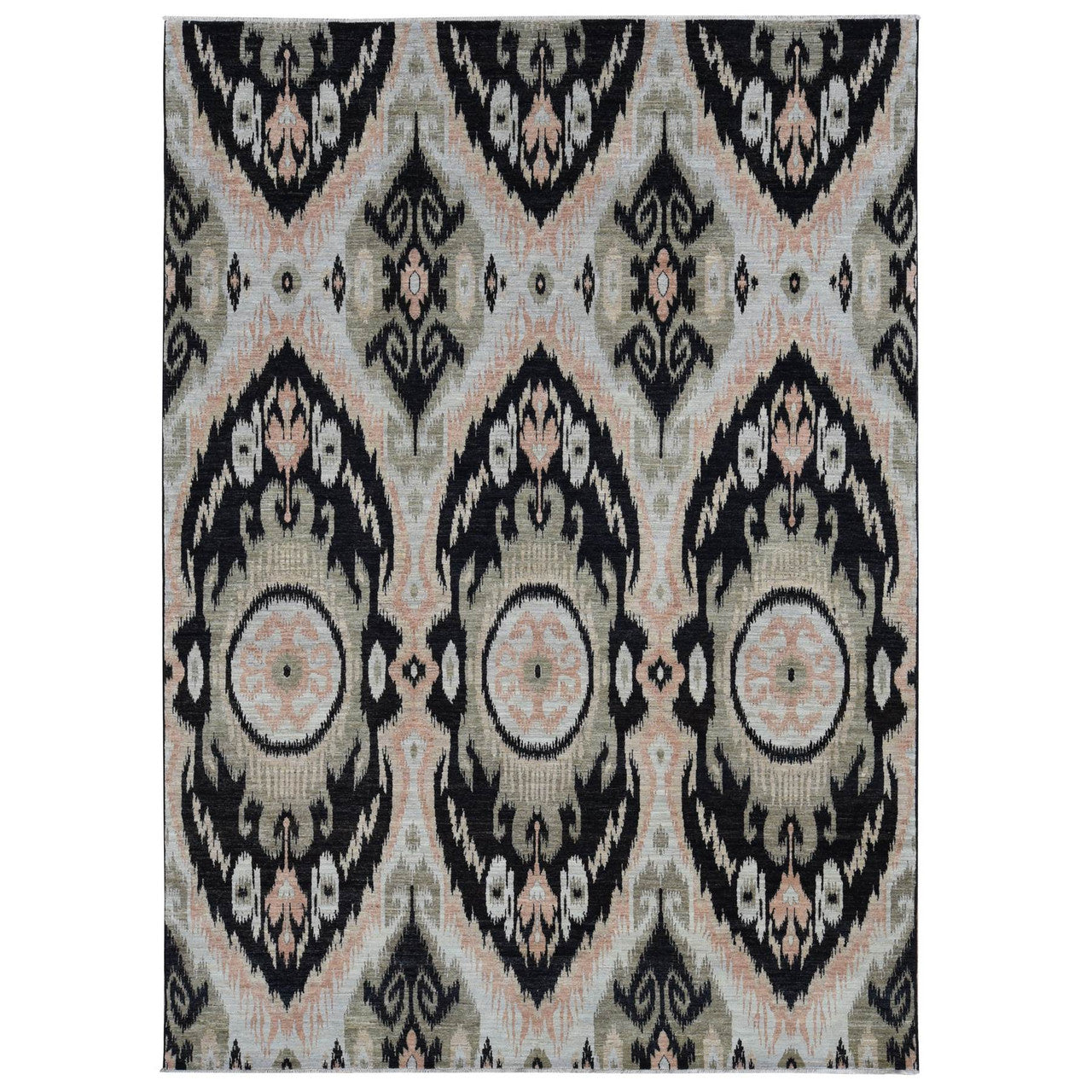 Black 9'1" x 13'0" Ikat And Suzani Design Hand knotted Wool Rug - Sku: O087513
