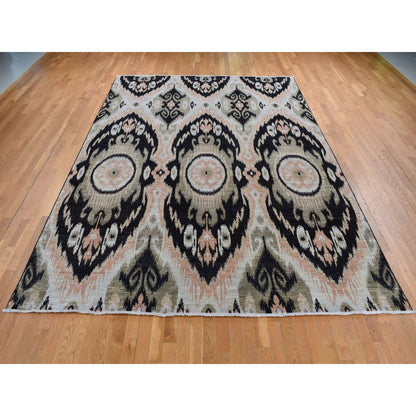 Ikat And Suzani Design Wool Hand Knotted Rug Black No Border 9.1X13.0 -O087513