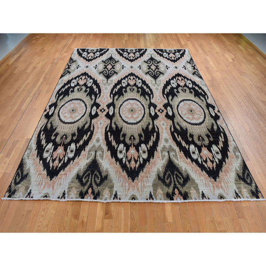 Ikat And Suzani Design Wool Hand Knotted Rug Black No Border 9.1X13.0 -O087513